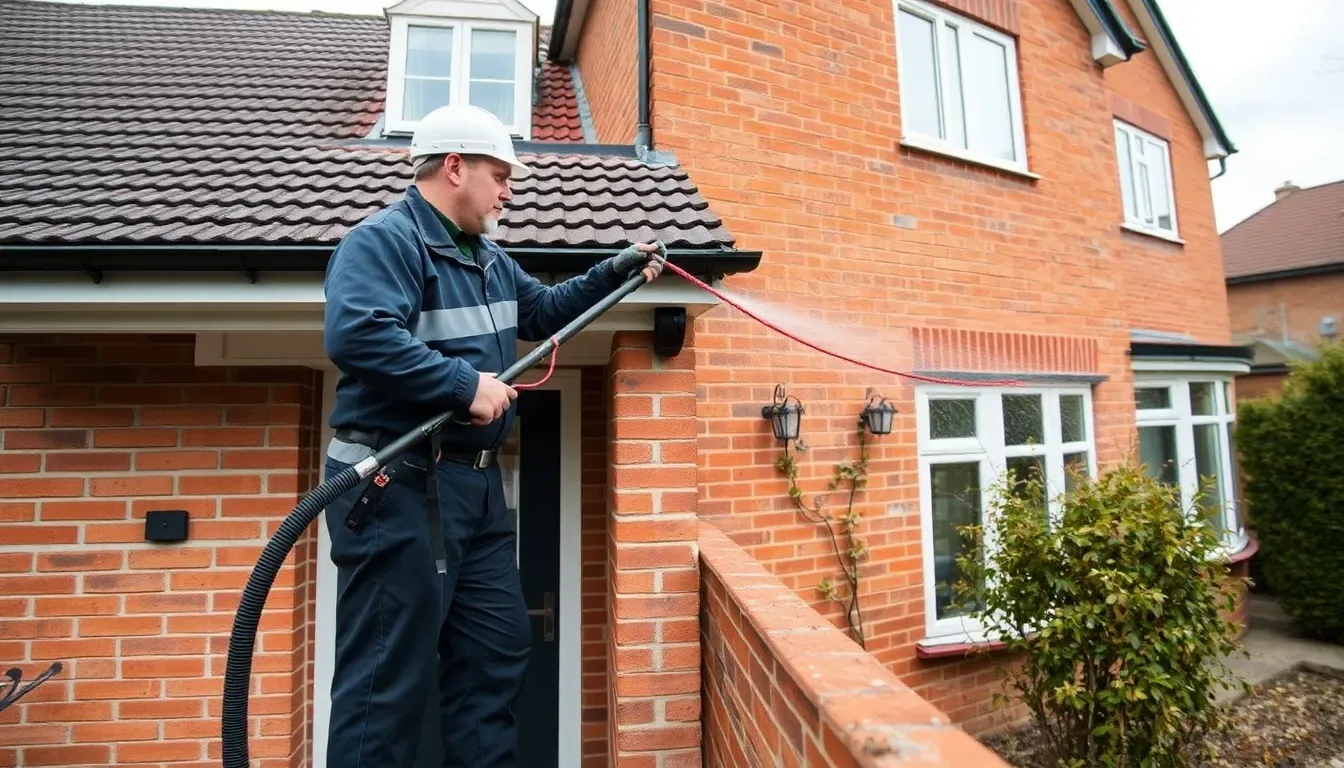 Gutter cleaning technician using a vacuum pole system from the ground at a Kent home