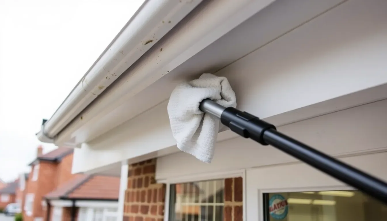 Technician cleaning white uPVC fascia and soffit boards on a UK house