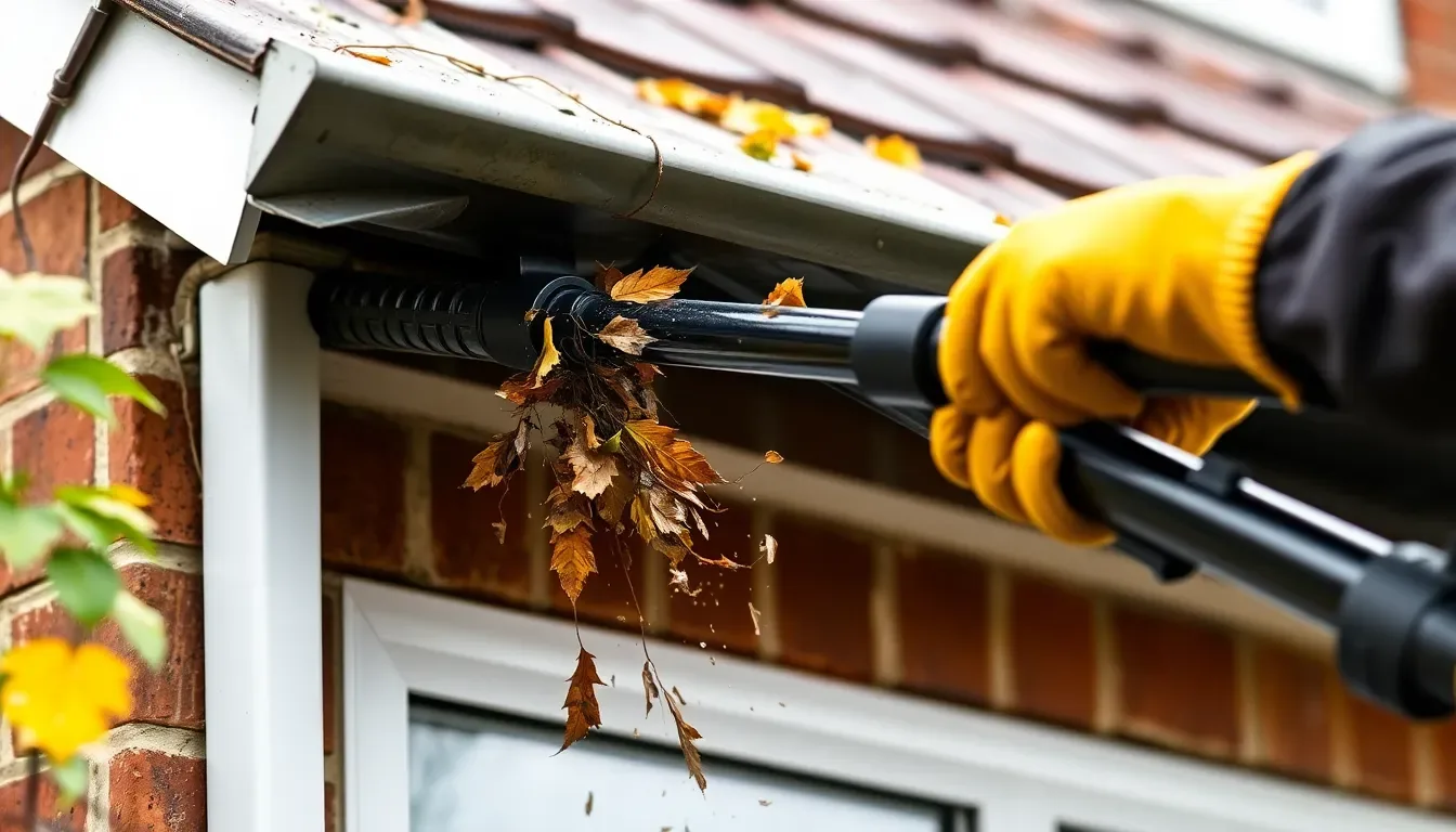 Vacuum extraction gutter cleaning pole removing debris from a UK house gutter